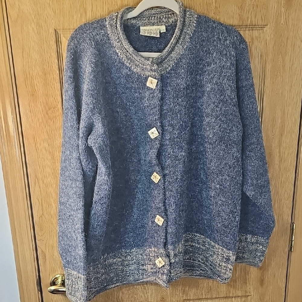 Stylish Blue and Gray Cardigan with Square Buttons